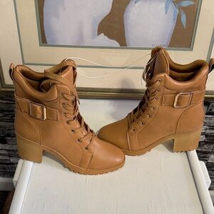 Women's Tan Ankle Boots with gold buckle  and lace at front
